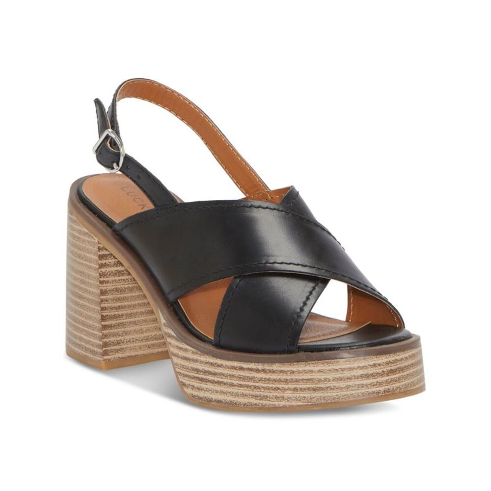 LUCKY BRAND Womens Black Delmie Toe Stacked Heel Leather Slingback Sandal 7.5 M